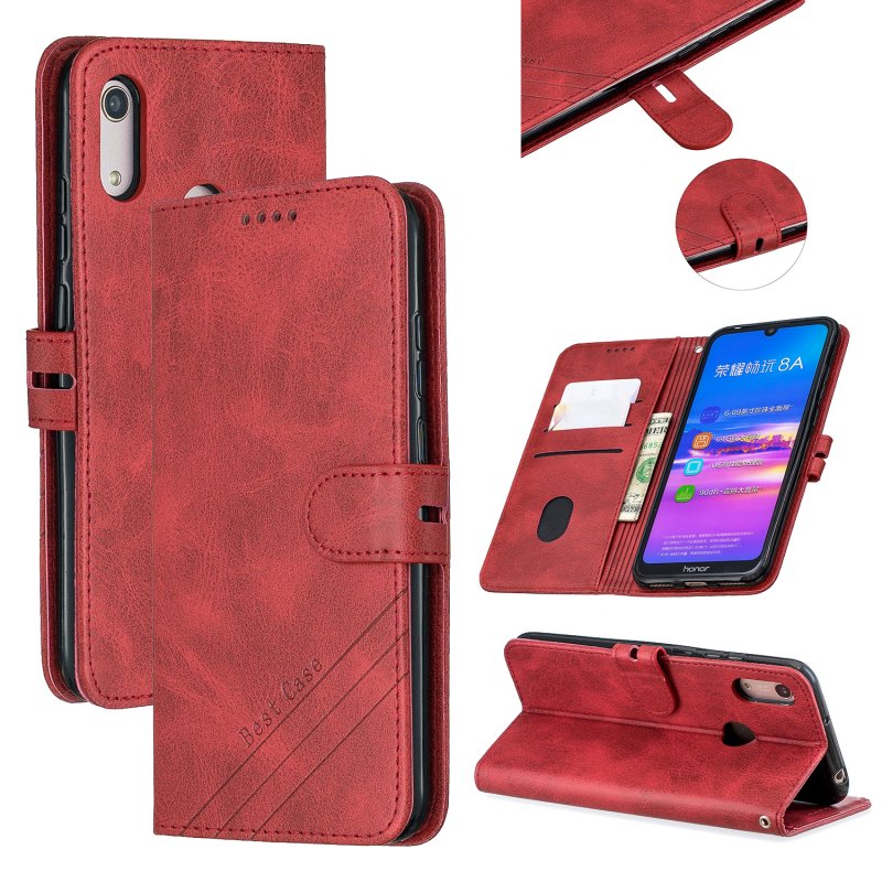 For HUAWEI Y6 2019 Denim Pattern Solid Color Flip Wallet PU Leather Protective Phone Case with Buckle & Bracket red