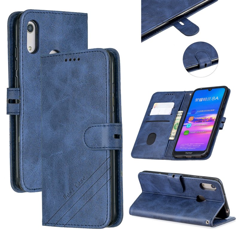 For HUAWEI Y6 2019 Denim Pattern Solid Color Flip Wallet PU Leather Protective Phone Case with Buckle & Bracket blue