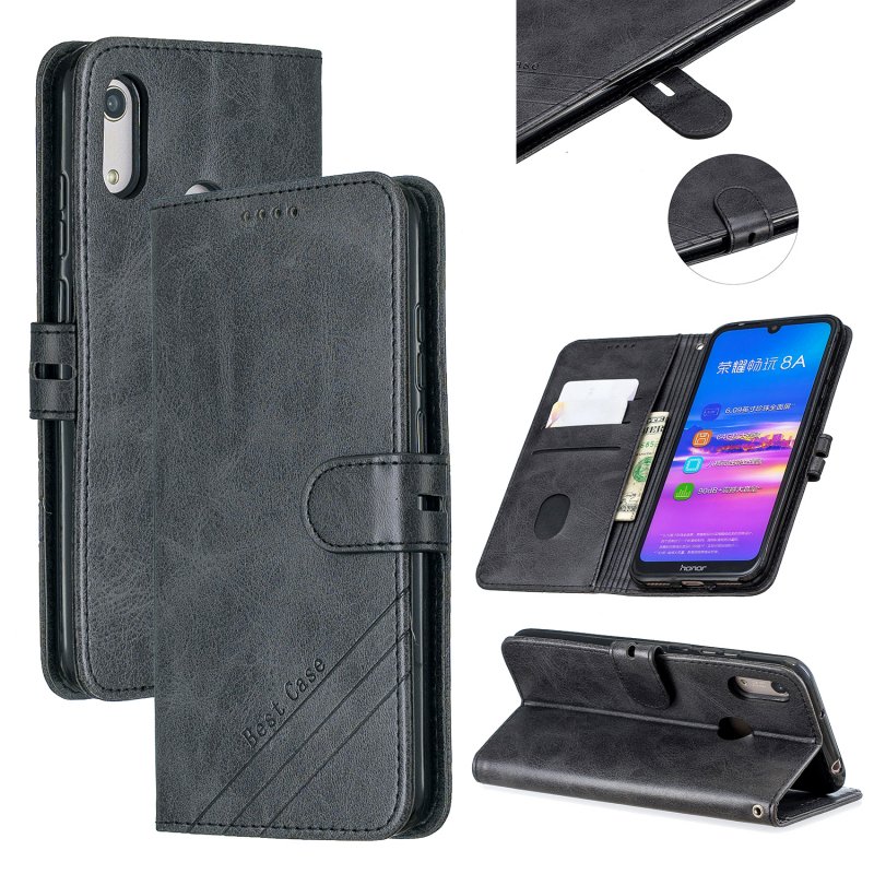 For HUAWEI Y6 2019 Denim Pattern Solid Color Flip Wallet PU Leather Protective Phone Case with Buckle & Bracket black