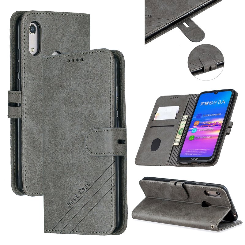 For HUAWEI Y6 2019 Denim Pattern Solid Color Flip Wallet PU Leather Protective Phone Case with Buckle & Bracket gray