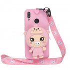 For HUAWEI Y6 2019 Y7 2019 Y9 2019 Cartoon Full Protective TPU Mobile Phone Cover with Mini Coin Purse+Cartoon Hanging Lanyard 3 deep pink piglets