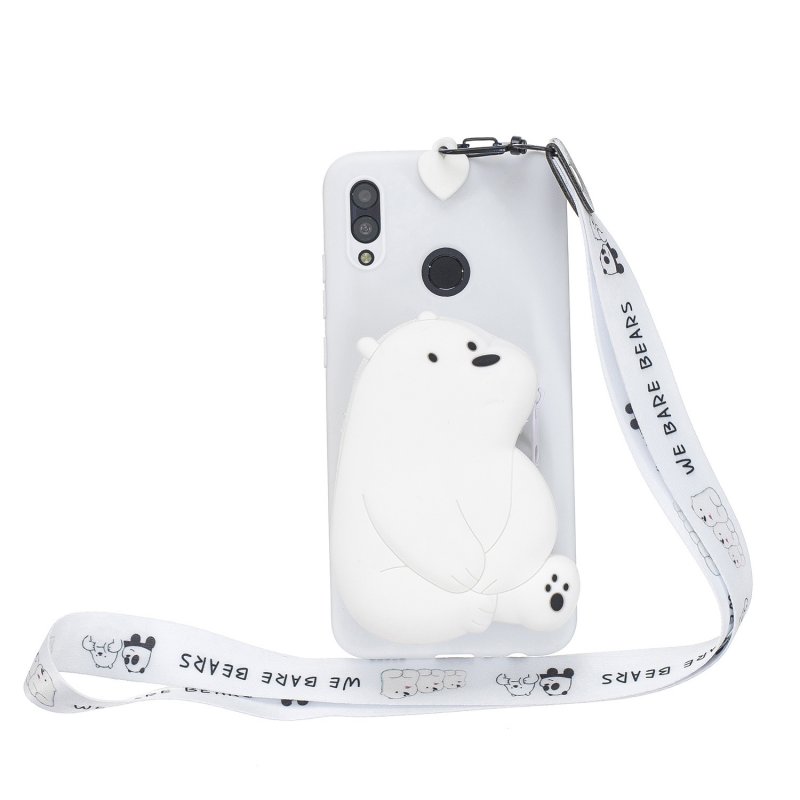 For HUAWEI Y6 2019 Y7 2019 Y9 2019 Cartoon Full Protective TPU Mobile Phone Cover with Mini Coin Purse+Cartoon Hanging Lanyard 6 white big bear