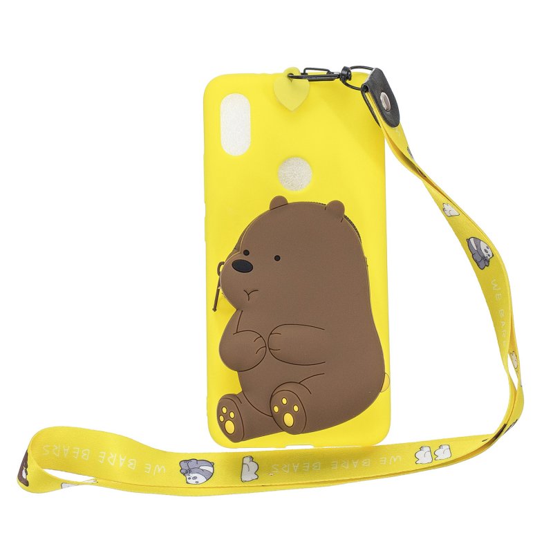 For HUAWEI Y6 2019 Y7 2019 Y9 2019 Cartoon Full Protective TPU Mobile Phone Cover with Mini Coin Purse+Cartoon Hanging Lanyard 1 yellow brown bear