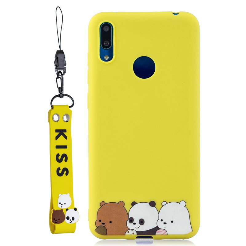For HUAWEI Y7 2019 Cute Coloured Painted TPU Anti-scratch Non-slip Protective Cover Back Case with Lanyard yellow