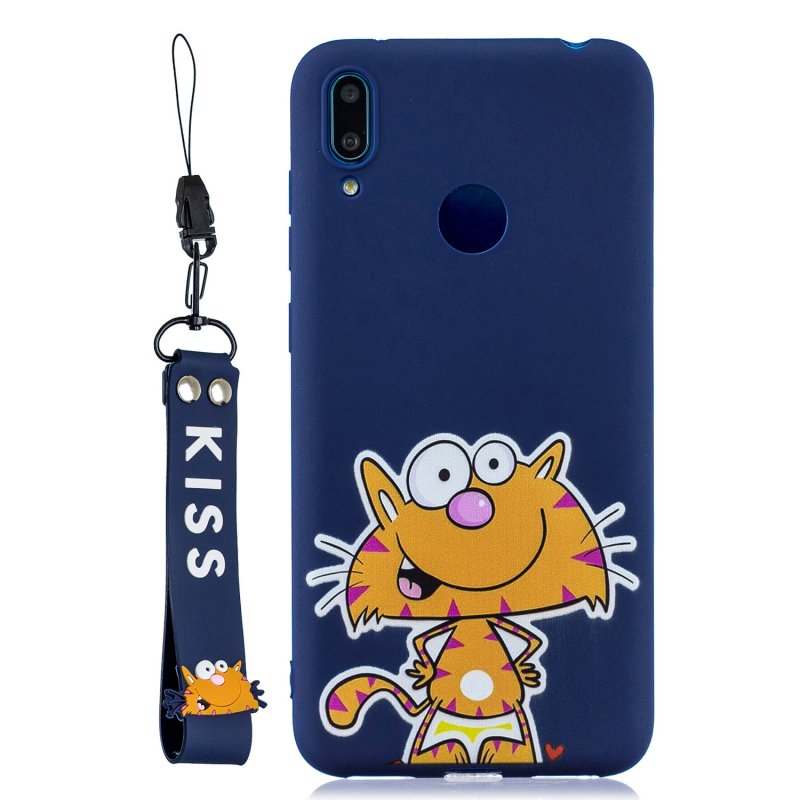For HUAWEI Y7 2019 Cute Coloured Painted TPU Anti-scratch Non-slip Protective Cover Back Case with Lanyard sapphire