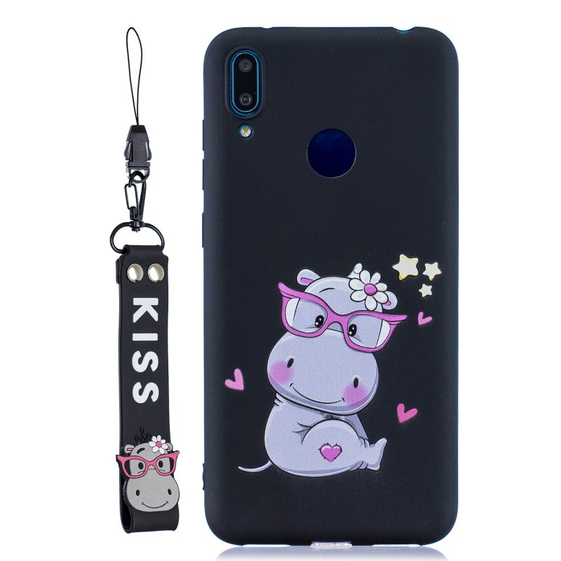 For HUAWEI Y7 2019 Cute Coloured Painted TPU Anti-scratch Non-slip Protective Cover Back Case with Lanyard black