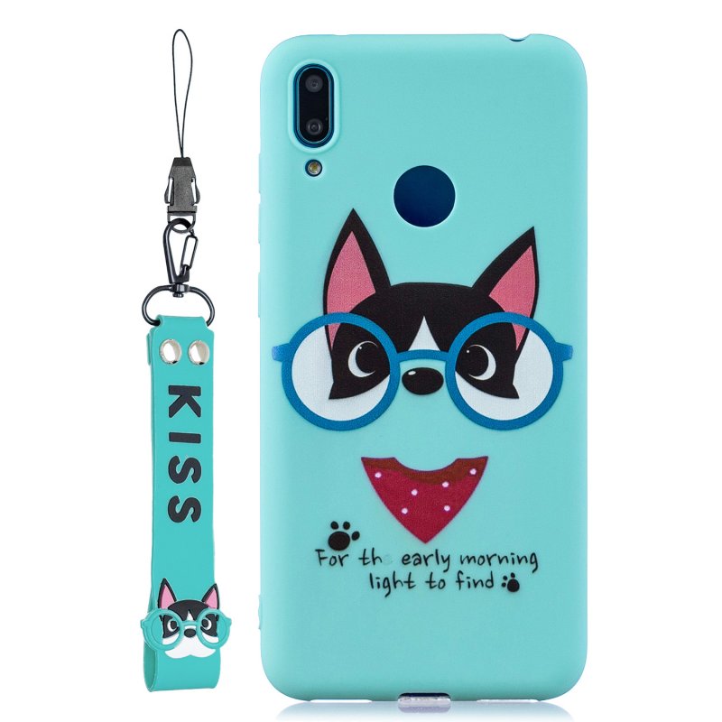 For HUAWEI Y7 2019 Cute Coloured Painted TPU Anti-scratch Non-slip Protective Cover Back Case with Lanyard Light blue