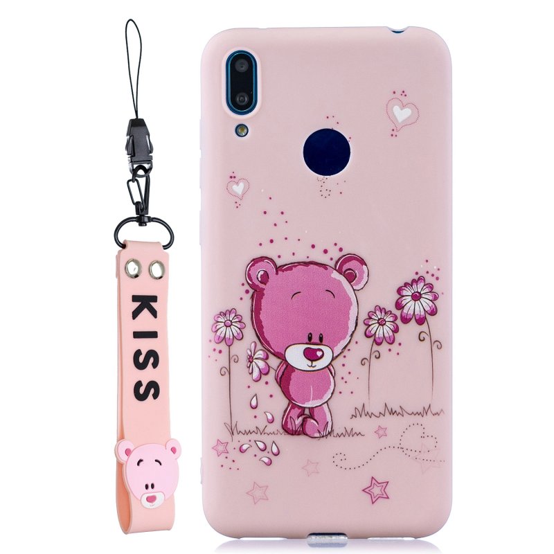For HUAWEI Y7 2019 Cute Coloured Painted TPU Anti-scratch Non-slip Protective Cover Back Case with Lanyard Light pink