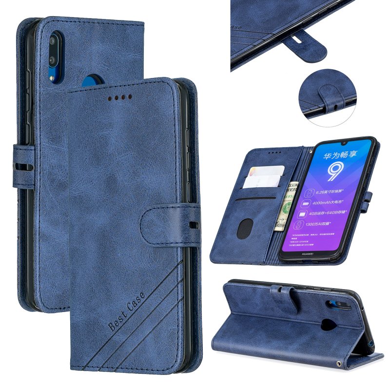 For HUAWEI Y7 2019 Denim Pattern Solid Color Flip Wallet PU Leather Protective Phone Case with Buckle & Bracket blue