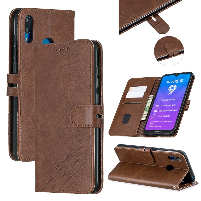 For HUAWEI Y7 2019 Denim Pattern Solid Color Flip Wallet PU Leather Protective Phone Case with Buckle & Bracket brown