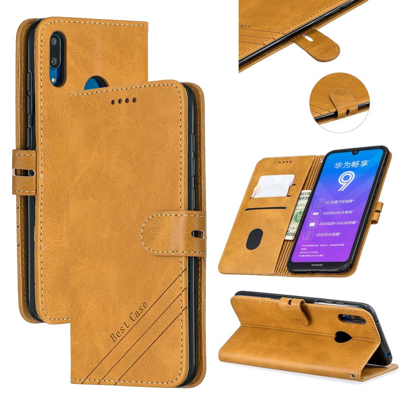 For HUAWEI Y7 2019 Denim Pattern Solid Color Flip Wallet PU Leather Protective Phone Case with Buckle & Bracket yellow