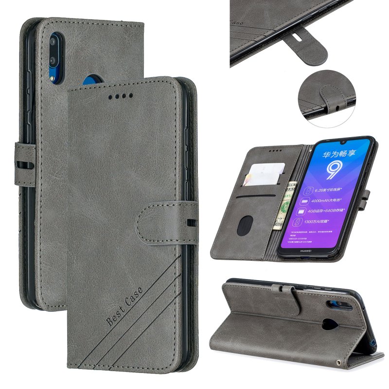 For HUAWEI Y7 2019 Denim Pattern Solid Color Flip Wallet PU Leather Protective Phone Case with Buckle & Bracket gray