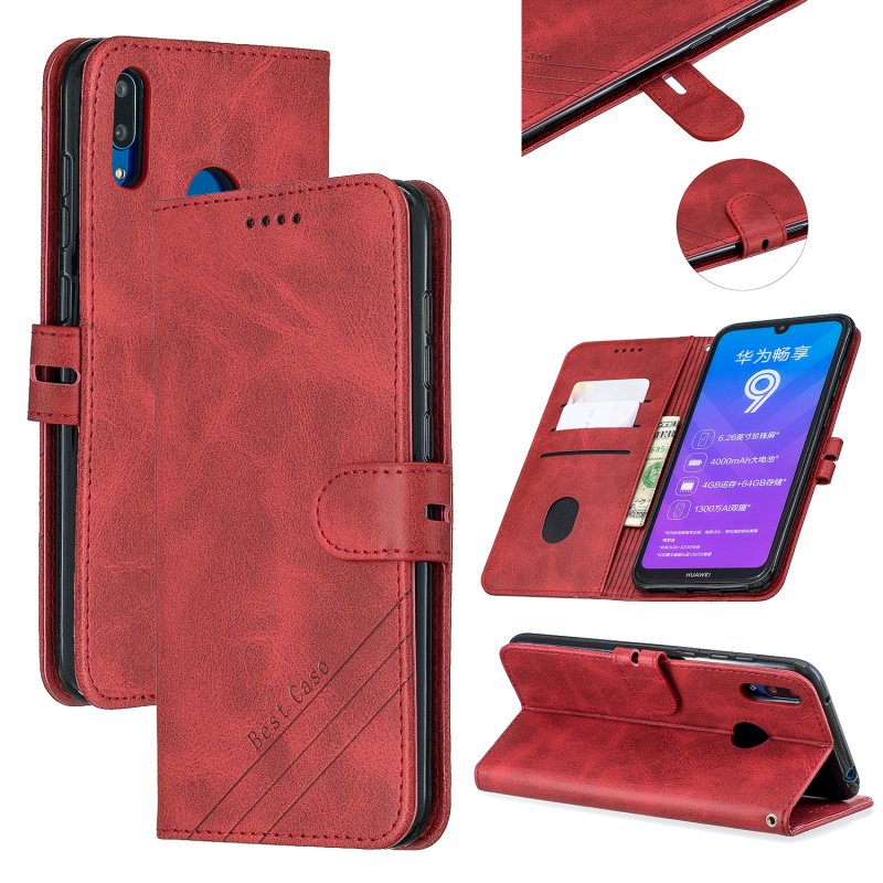 For HUAWEI Y7 2019 Denim Pattern Solid Color Flip Wallet PU Leather Protective Phone Case with Buckle & Bracket red