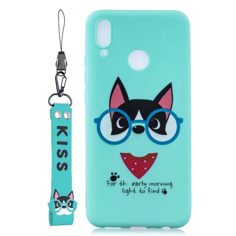 For HUAWEI Y9 2019 Cartoon Lovely Coloured Painted Soft TPU Back Cover Non-slip Shockproof Full Protective Case with Lanyard Light blue