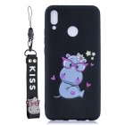 For HUAWEI Y9 2019 Cartoon Lovely Coloured Painted Soft TPU Back Cover Non slip Shockproof Full Protective Case with Lanyard black
