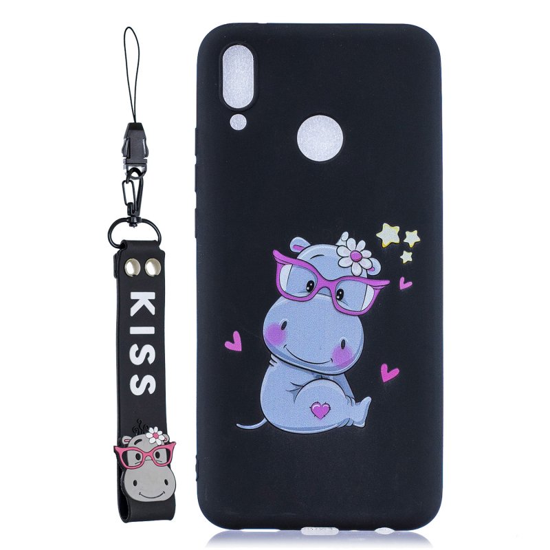 For HUAWEI Y9 2019 Cartoon Lovely Coloured Painted Soft TPU Back Cover Non-slip Shockproof Full Protective Case with Lanyard black