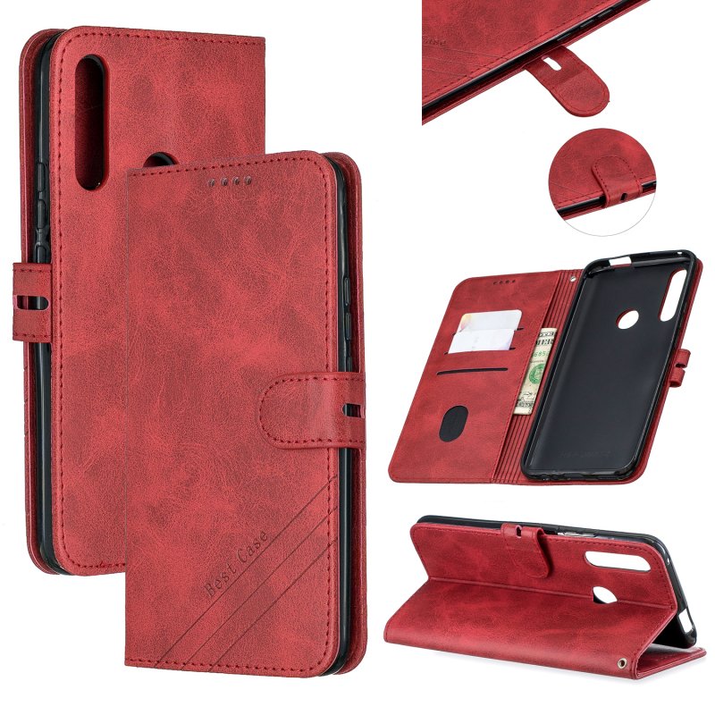 For HUAWEI Y9 Prime 2019-P Smart Z Solid Color Denim Grain Front Buckle Mobile Phone Cover Bracket red
