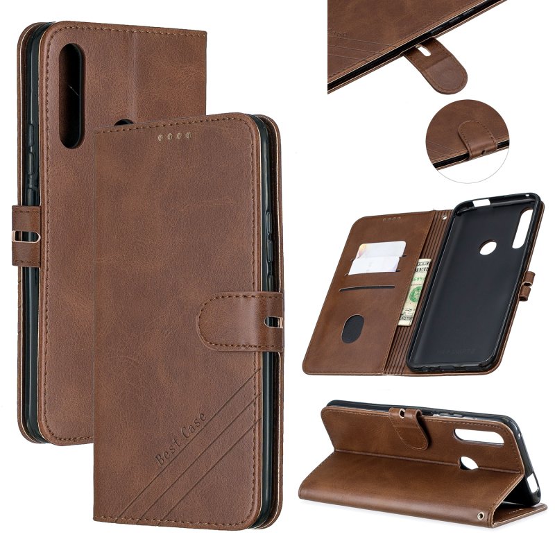 For HUAWEI Y9 Prime 2019-P Smart Z Solid Color Denim Grain Front Buckle Mobile Phone Cover Bracket brown