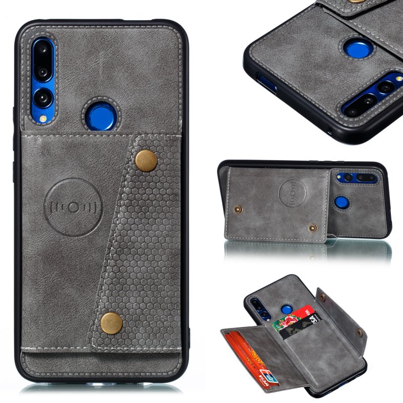 For HUAWEI Y9 prime 2019 PU Leather Shockproof Cell Phone Case Anti-dust Phone Case with Double Buckle Card Slot Pocket  gray