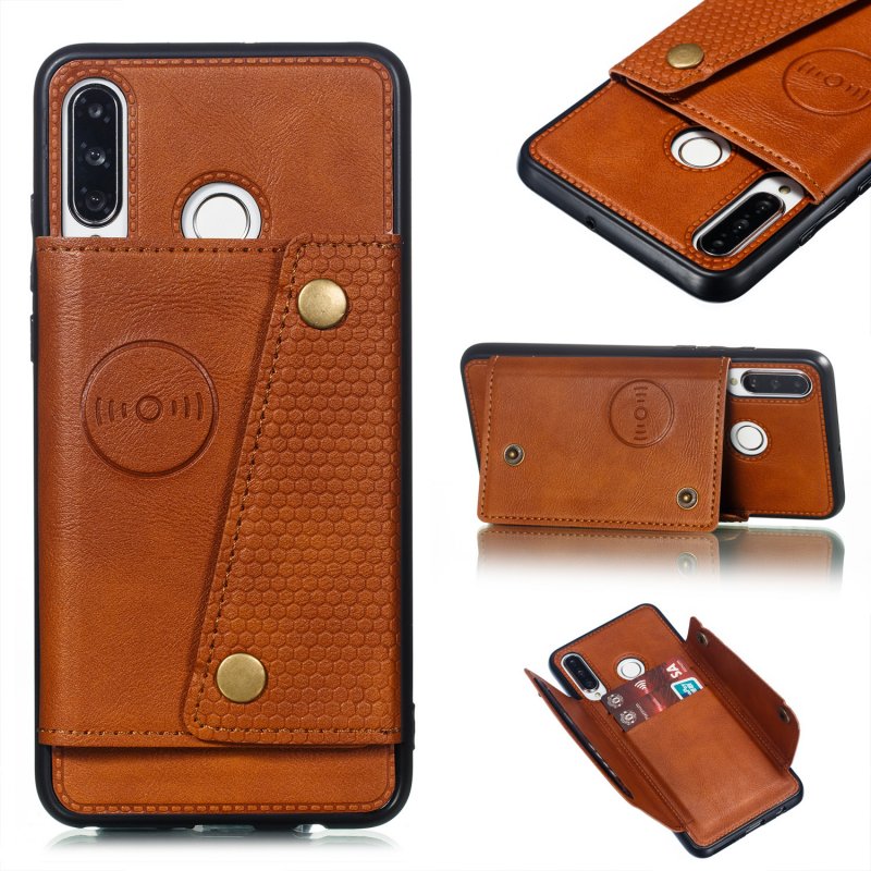 For Huawei P30 lite/nova 4E Double Buckle Non-slip Shockproof Cell Phone Case with Card Slot Bracket Light Brown