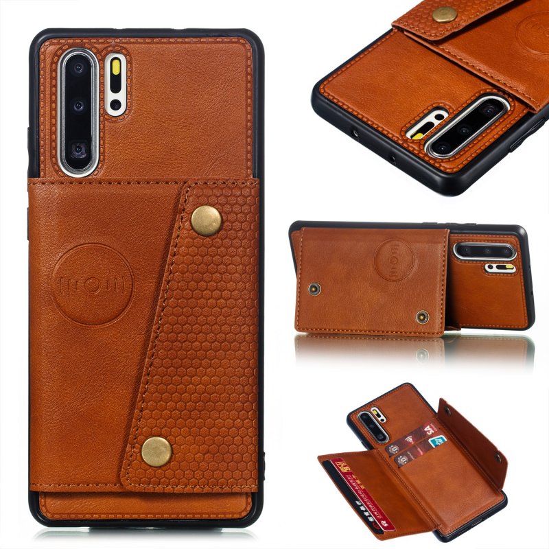 For Huawei P30 pro Double Buckle Non-slip Shockproof Cell Phone Case with Card Slot Bracket Light Brown