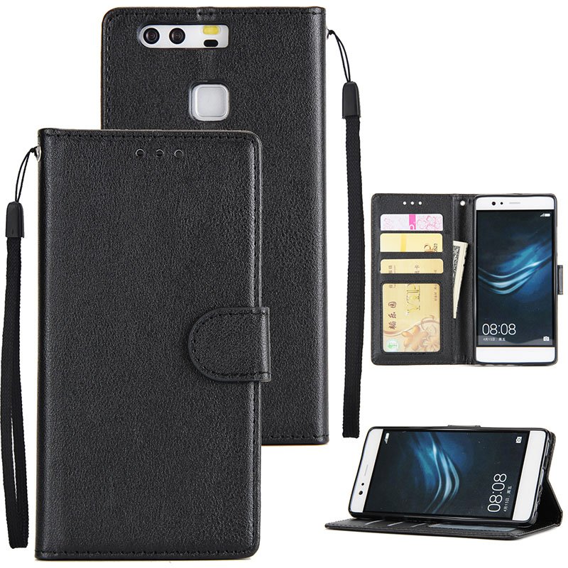 For Huawei P9 plus PU Leather Smart Phone Case Protective Cover with Buckle & 3 Card Position  black