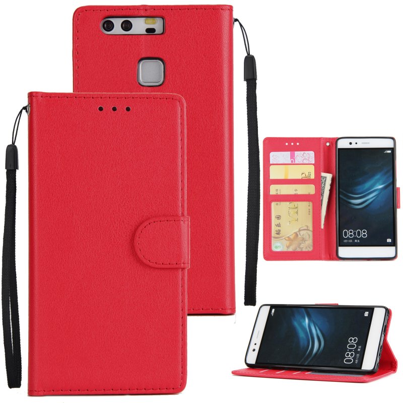 For Huawei P9 plus PU Leather Smart Phone Case Protective Cover with Buckle & 3 Card Position  red