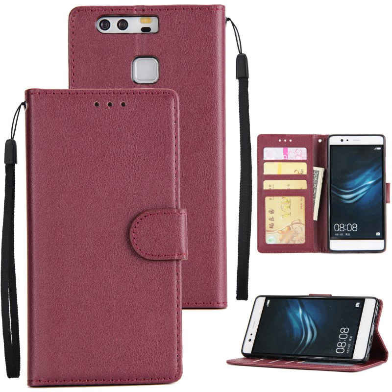 For Huawei P9 plus PU Leather Smart Phone Case Protective Cover with Buckle & 3 Card Position  wine red