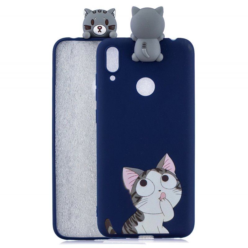 For Huawei Y6 2019 3D Cartoon Lovely Coloured Painted Soft TPU Back Cover Non-slip Shockproof Full Protective Case big face cat
