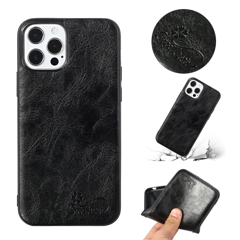 For Iphone  12 Mobile Phone Cover Pu Waxed Leather Solid Color Protective Case black