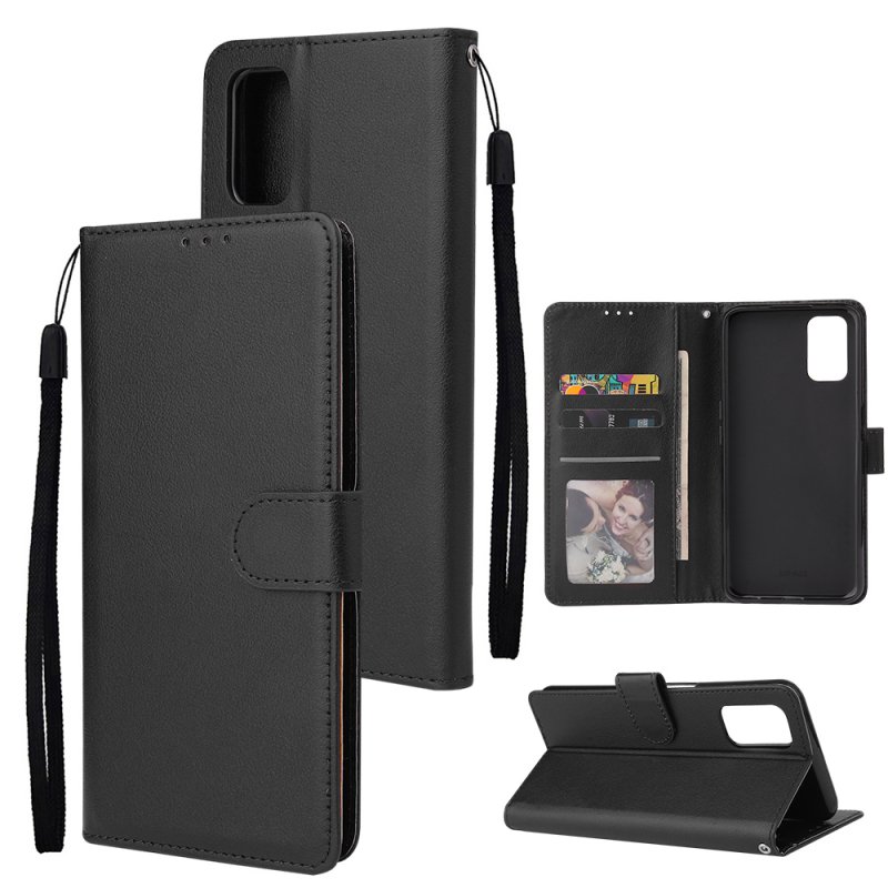 For OPPO A52/A72/A92 PU Leather Protective Phone Case with 3 Cards Slots Bracket black
