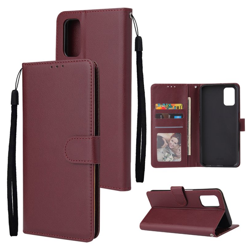 For OPPO A52/A72/A92 PU Leather Protective Phone Case with 3 Cards Slots Bracket wine red
