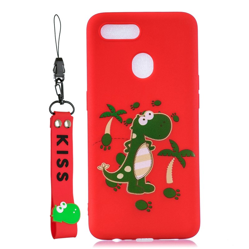 For OPPO A7 Cartoon Lovely Coloured Painted Soft TPU Back Cover Non-slip Shockproof Full Protective Case with Lanyard red