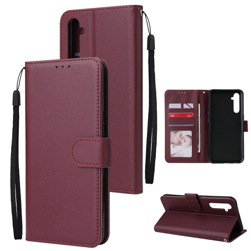 For OPPO A8 / A31/Realme XT / X2 Mobile Phone Case PU Buckle Closure Wallet Design Cards Slots All-round Protection Phone Cover  Red wine