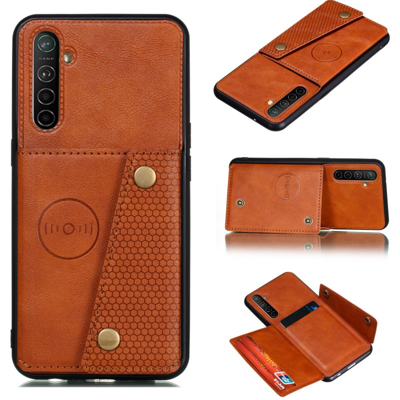 For OPPO A9 2020/Realme XT/Reno 2 Mobile Phone Shell Classic Textured Pattern Buckle Closure Design Anti-fall Smartphone Case  brown