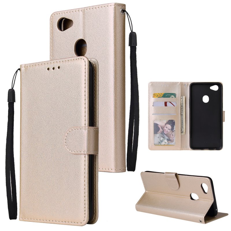 For OPPO F7 Wallet-type PU Leather Protective Phone Case with Buckle & 3 Card Position Gold