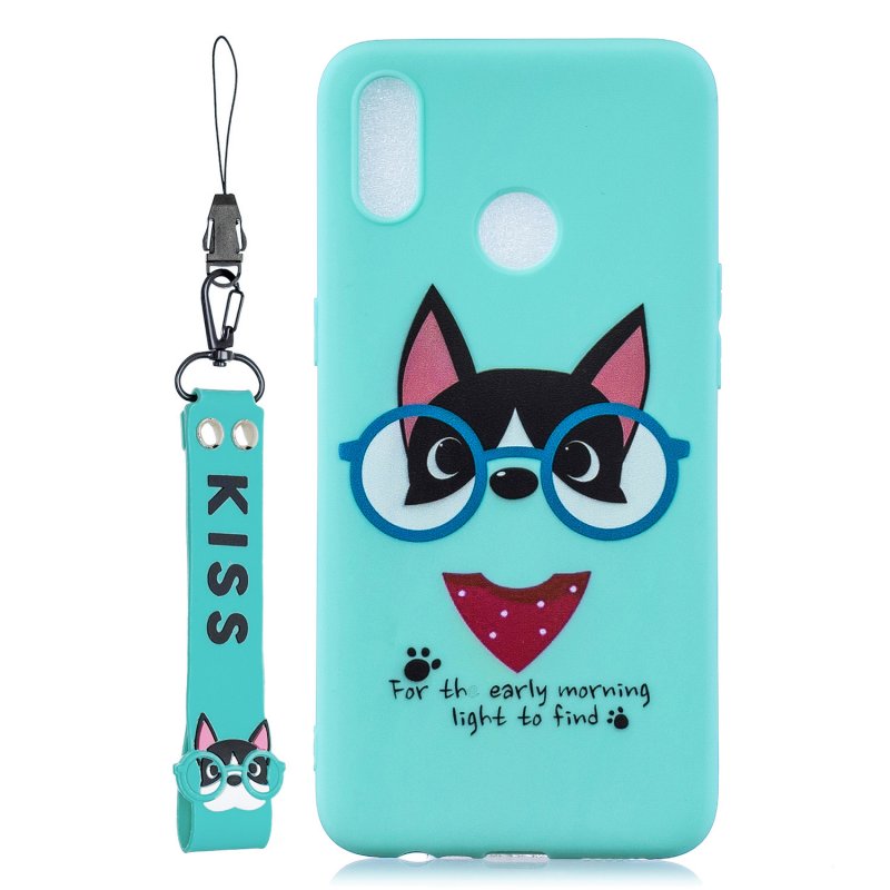 For OPPO Realme 3 Cartoon Lovely Coloured Painted Soft TPU Back Cover Non-slip Shockproof Full Protective Case with Lanyard Light blue
