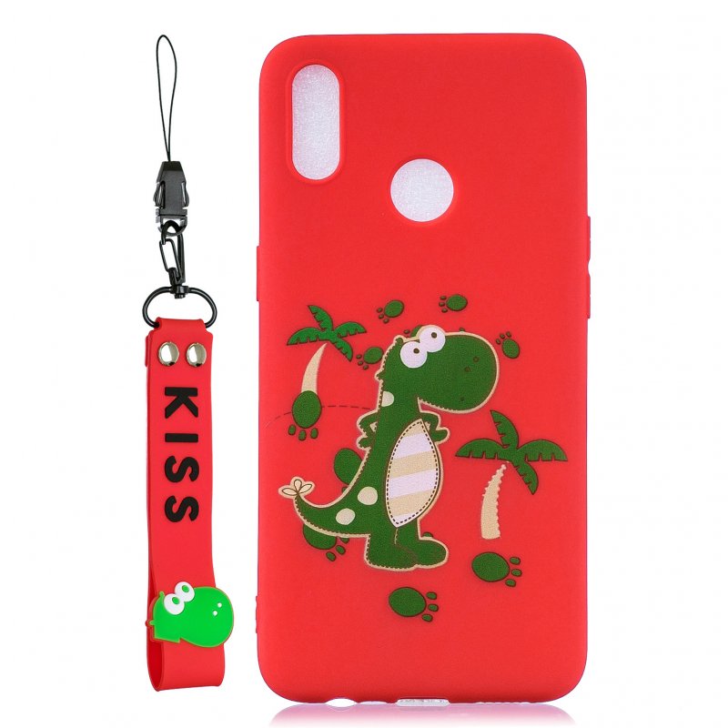 For OPPO Realme 3 Cartoon Lovely Coloured Painted Soft TPU Back Cover Non-slip Shockproof Full Protective Case with Lanyard red
