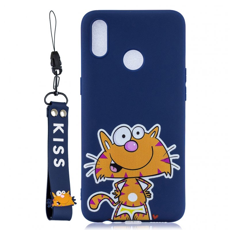 For OPPO Realme 3 Cartoon Lovely Coloured Painted Soft TPU Back Cover Non-slip Shockproof Full Protective Case with Lanyard sapphire