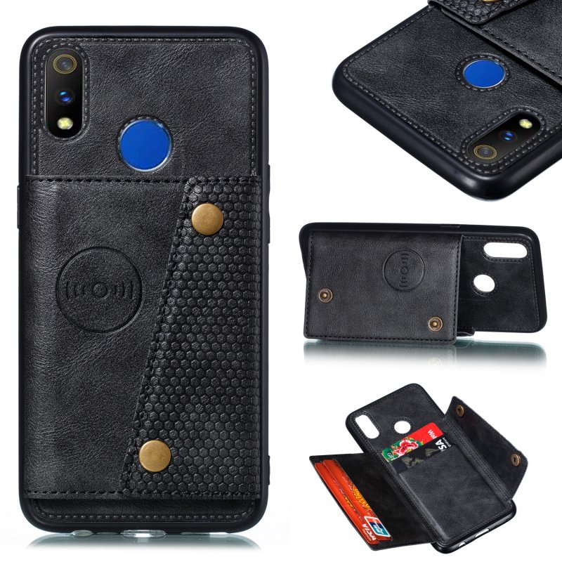 For OPPO Realme 3 PU Leather Flip Stand Shockproof Cell Phone Cover Double Buckle Anti-dust Case With Card Slots Pocket black