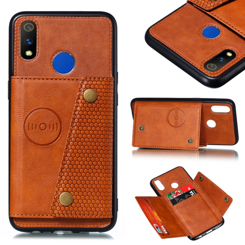 For OPPO Realme 3 PU Leather Flip Stand Shockproof Cell Phone Cover Double Buckle Anti-dust Case With Card Slots Pocket Light Brown