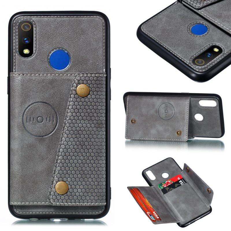 For OPPO Realme 3 PU Leather Flip Stand Shockproof Cell Phone Cover Double Buckle Anti-dust Case With Card Slots Pocket gray