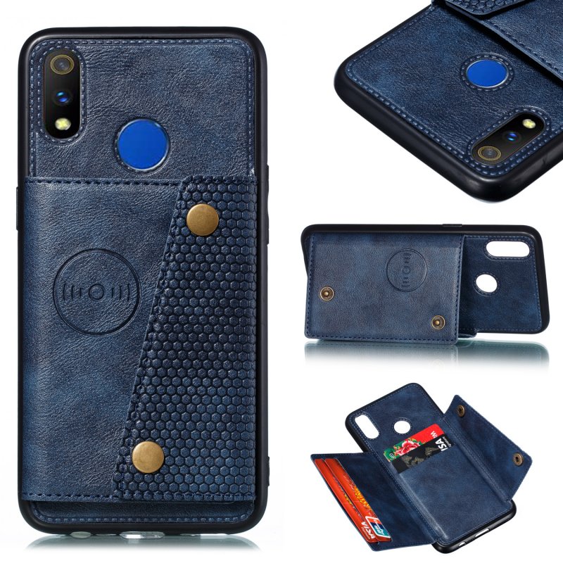 For OPPO Realme 3 PU Leather Flip Stand Shockproof Cell Phone Cover Double Buckle Anti-dust Case With Card Slots Pocket blue
