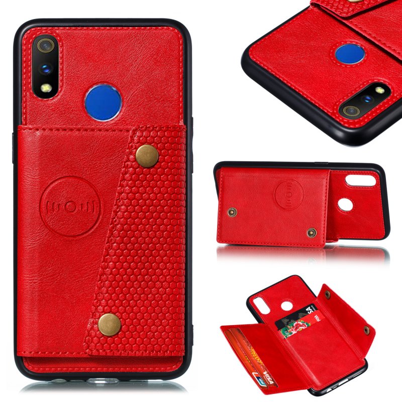 For OPPO Realme 3 PU Leather Flip Stand Shockproof Cell Phone Cover Double Buckle Anti-dust Case With Card Slots Pocket red