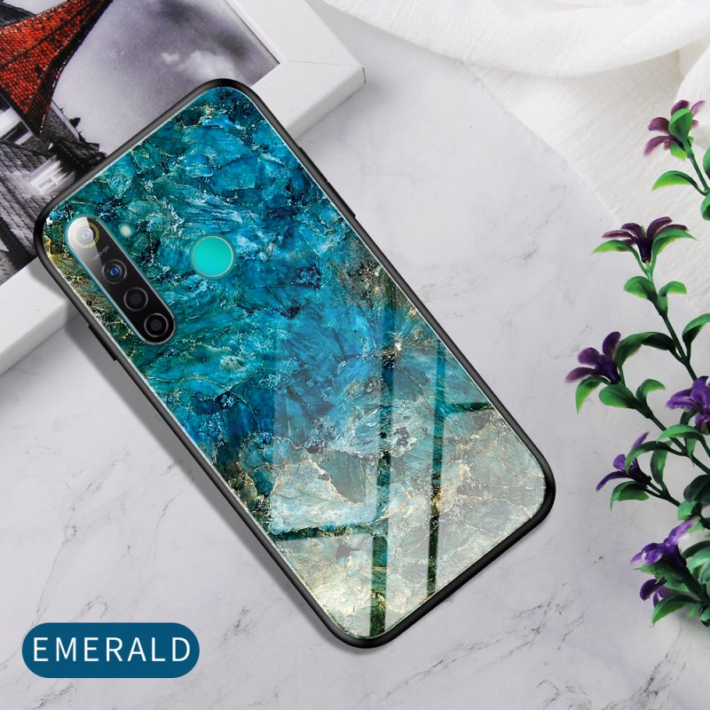 For OPPO Realme 3 Pro/Realme 5/Realme 5 Pro Mobile Shell Soft TPU Phone Case Glass Back Panel Gradient Design Overall Protective Shell Emerald