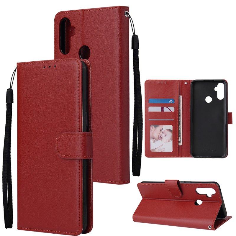 For OPPO Realme C3/Realme 6 PU Leather Mobile Phone Cover with 3 Cards Slots Phone Frame red