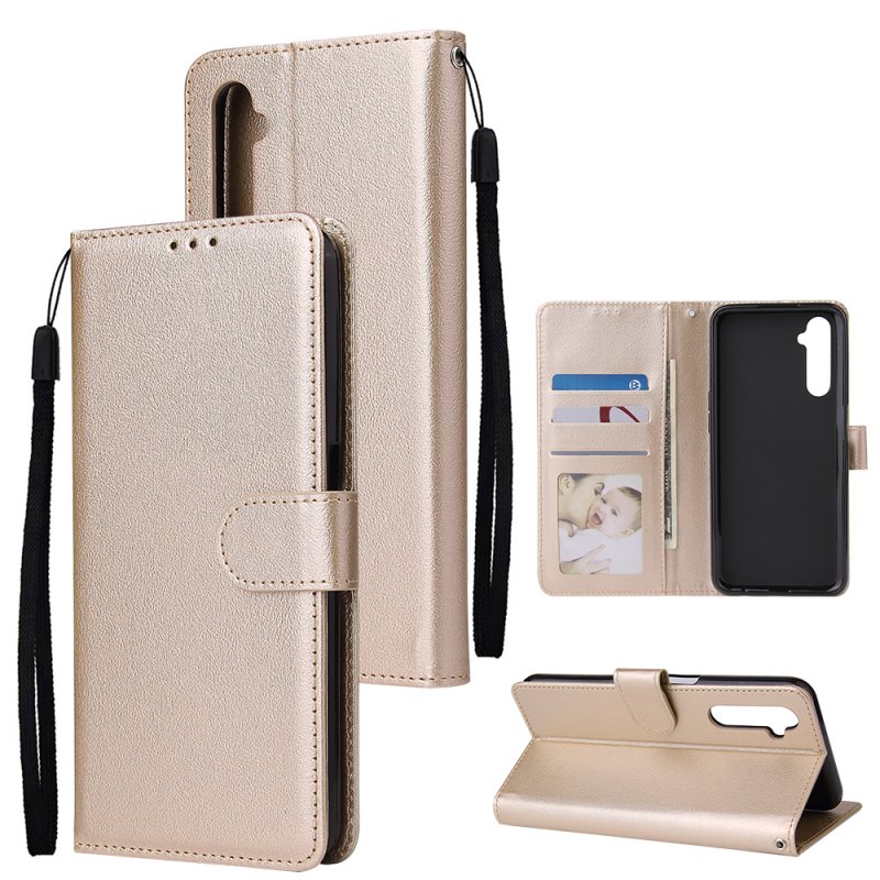For OPPO Realme C3/Realme 6 PU Leather Mobile Phone Cover with 3 Cards Slots Phone Frame Gold