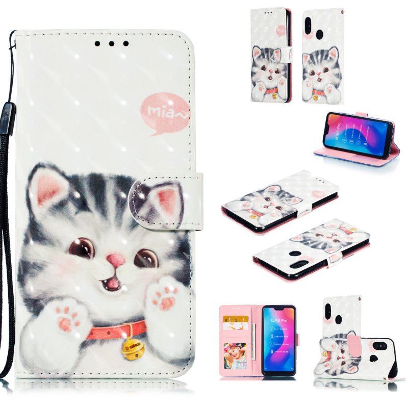 For Redmi 6 pro/XIAOMI A2 LITE 3D Coloured Painted Leather Protective Case with Bracket & Card Position & Lanyard Jingle cat