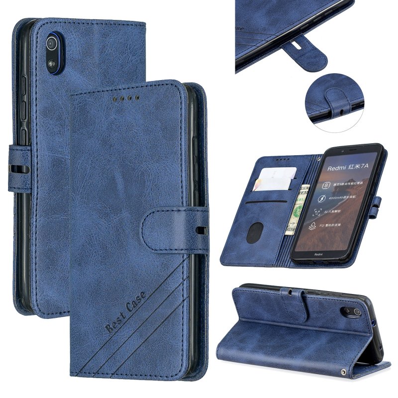 For Redmi 7A Denim Pattern Solid Color Flip Wallet PU Leather Protective Phone Case with Buckle & Bracket blue