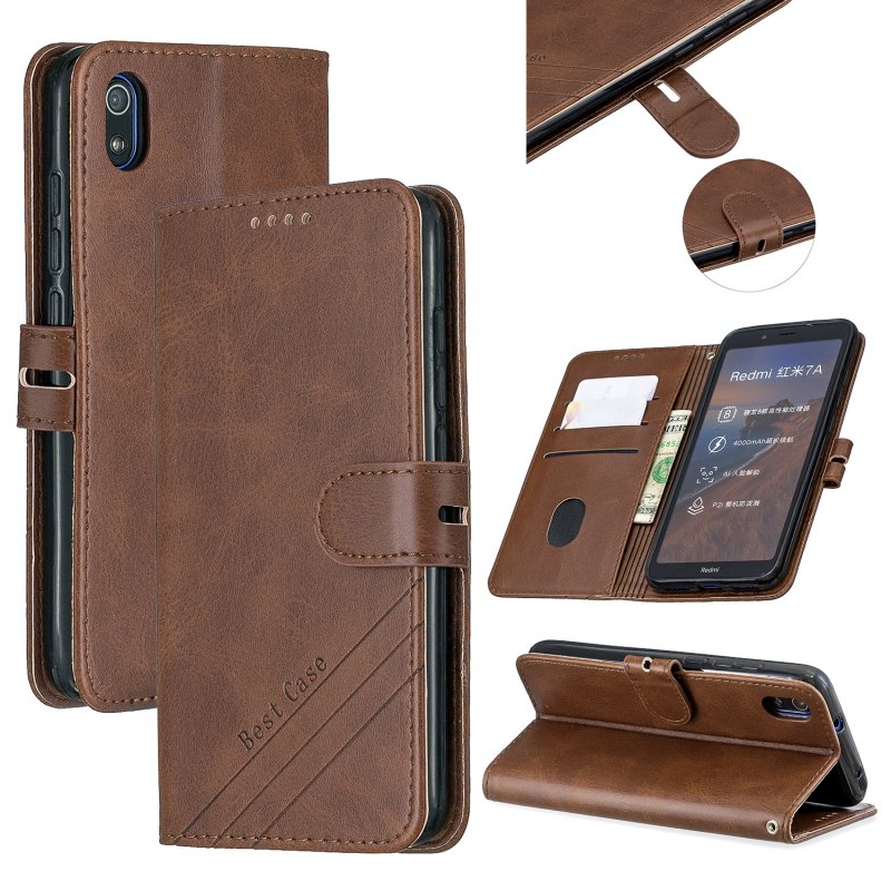 For Redmi 7A Denim Pattern Solid Color Flip Wallet PU Leather Protective Phone Case with Buckle & Bracket brown